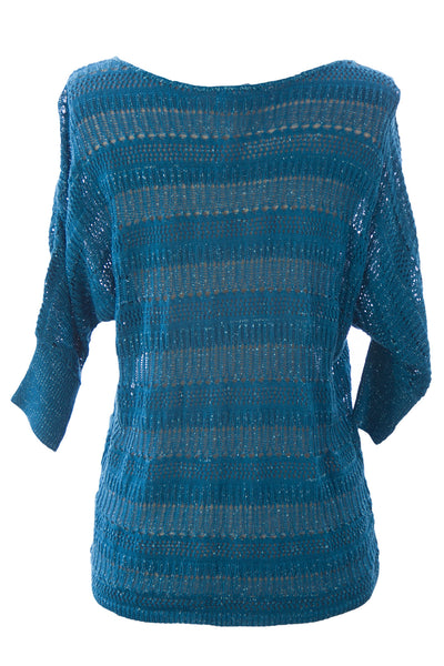 August Silk Women's Metallic 3/4 Sleeve Knit Crotchet Sweater NWT $68