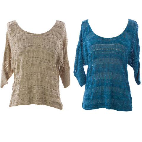August Silk Women's Metallic 3/4 Sleeve Knit Crotchet Sweater NWT $68