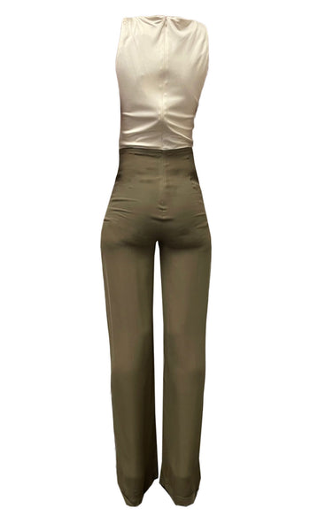 OLCAY GULSEN Women's Off-White/Coffee Sleeveless Jumpsuit 1019 Sz S $375 NEW