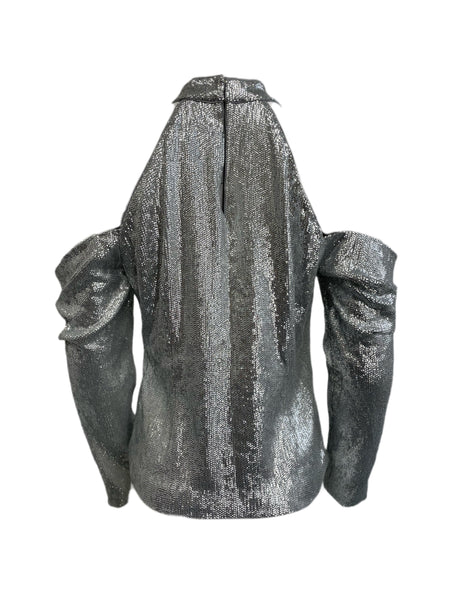 RACHEL ZOE Silver Rayon Sequined Off Shoulder Top #102 8 NWOT