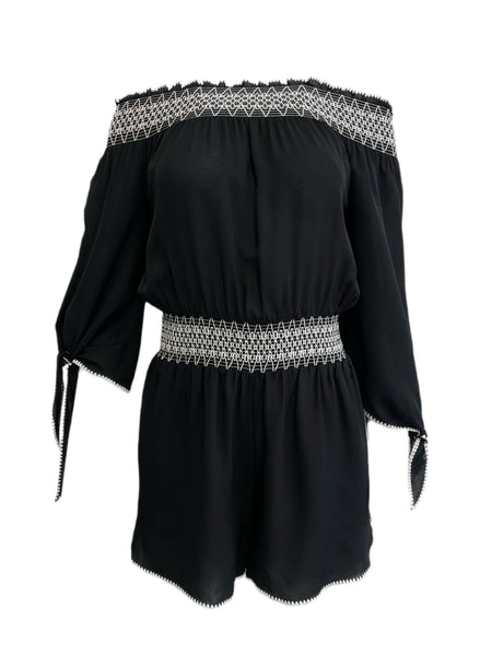 RACHEL ZOE Black Ebmroidere Off Shoulders Smoked Romper #104 S NWOT