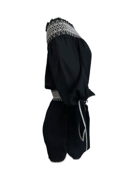 RACHEL ZOE Black Ebmroidere Off Shoulders Smoked Romper #104 S NWOT