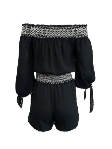 RACHEL ZOE Black Ebmroidere Off Shoulders Smoked Romper #104 S NWOT