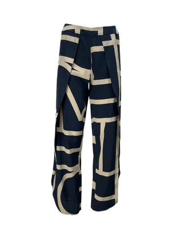 TOTEME Women's Navy Monogram Slit Silk Front Trousers #1424 XS NWT