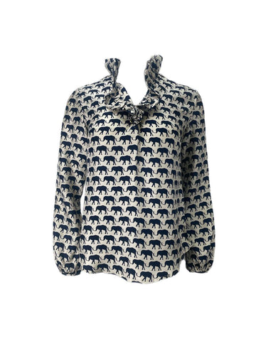 ELIZABETH MCKAY Women's Cream Navy Elephant Blouse #202 NWT