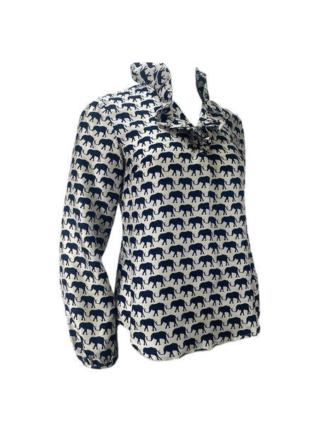 ELIZABETH MCKAY Women's Cream Navy Elephant Blouse #202 NWT