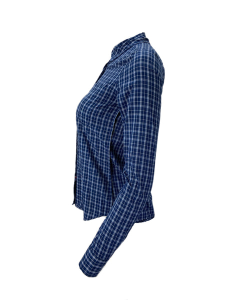 STEVEN ALAN Women's Navy Reverse Seam Plaid Casual Shirt Sz P NWT