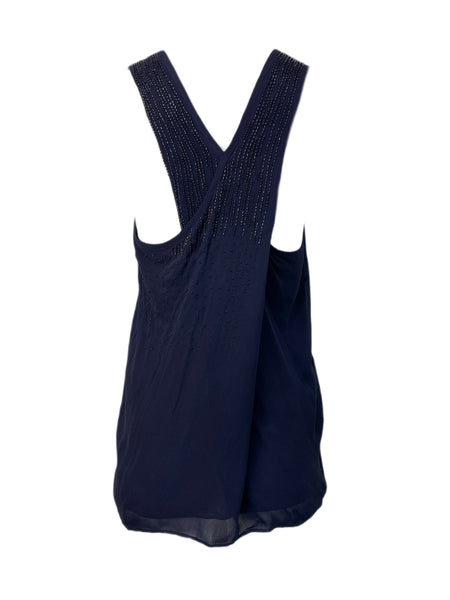 ECRU Women's Navy Indigo Casual Besded Top #3130 S NWT