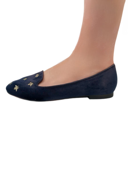 SCOTCH&SODA Womens Navy Velvet Embroidered Bee Flats #33 6 NWB