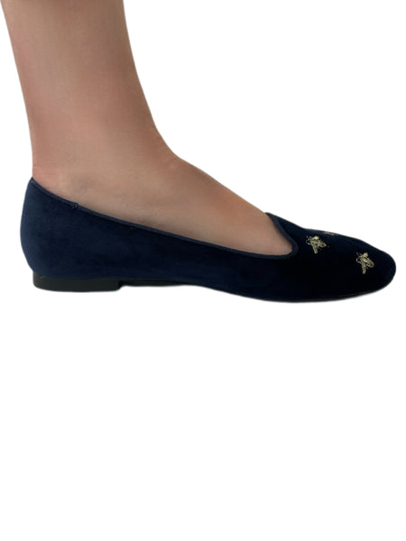 SCOTCH&SODA Womens Navy Velvet Embroidered Bee Flats #33 6 NWB