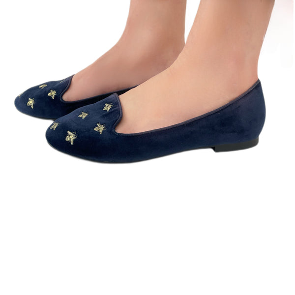 SCOTCH&SODA Womens Navy Velvet Embroidered Bee Flats #33 6 NWB