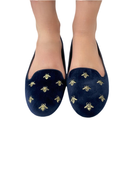 SCOTCH&SODA Womens Navy Velvet Embroidered Bee Flats #33 6 NWB
