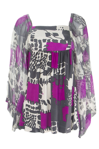 ANALILI Women's Magenta Grey Abstract Print Contrast Kimono Sleve Top $185 NWT