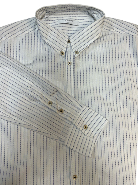 AGLINI Francescom Men's White Blue Striped Long Sleeve Dress Shirt Sz 42 NWT
