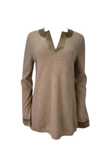 ELIZABETH MCKAY Women's Camel V-Neck Sweater #8010 L NWT