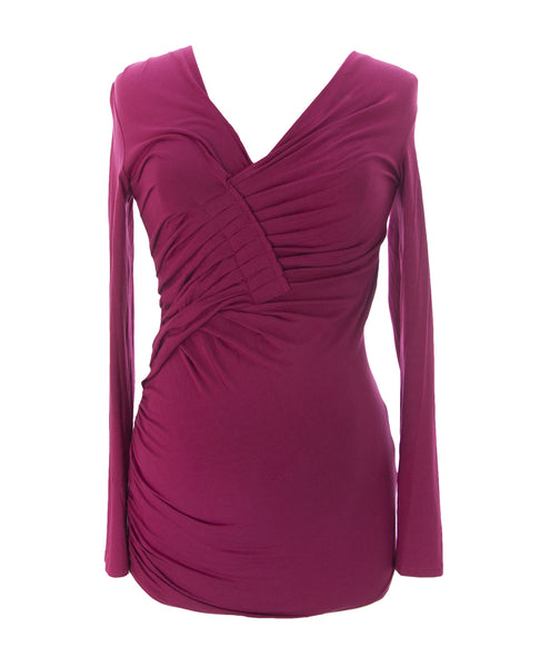 9FASHION Maternity Women's Riana II Sangria Pleat Blouse Sz S $75 NEW