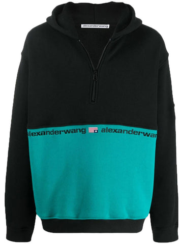 ALEXANDER WANG Men's Black/Jade Colorblock 1/2 Zip Hooded Sweatshirt NWT