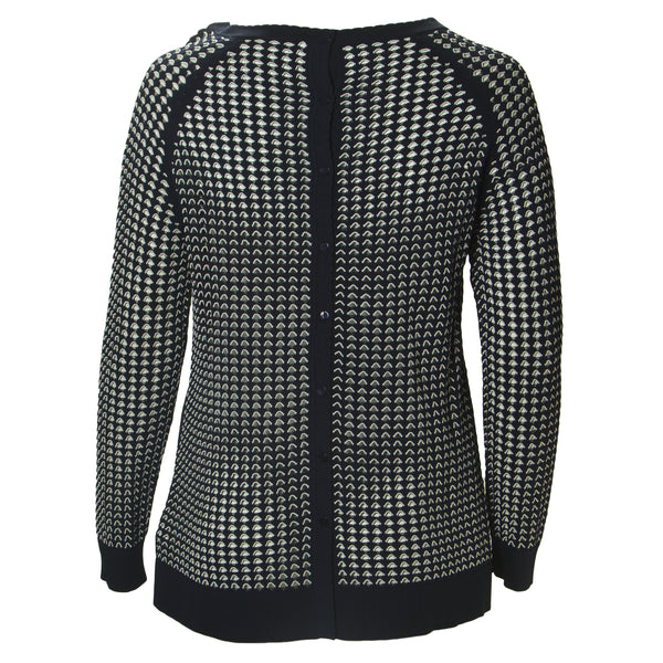 MARINA RINALDI Women's Navy Amare Holey Back Button Sweater $580 NWT