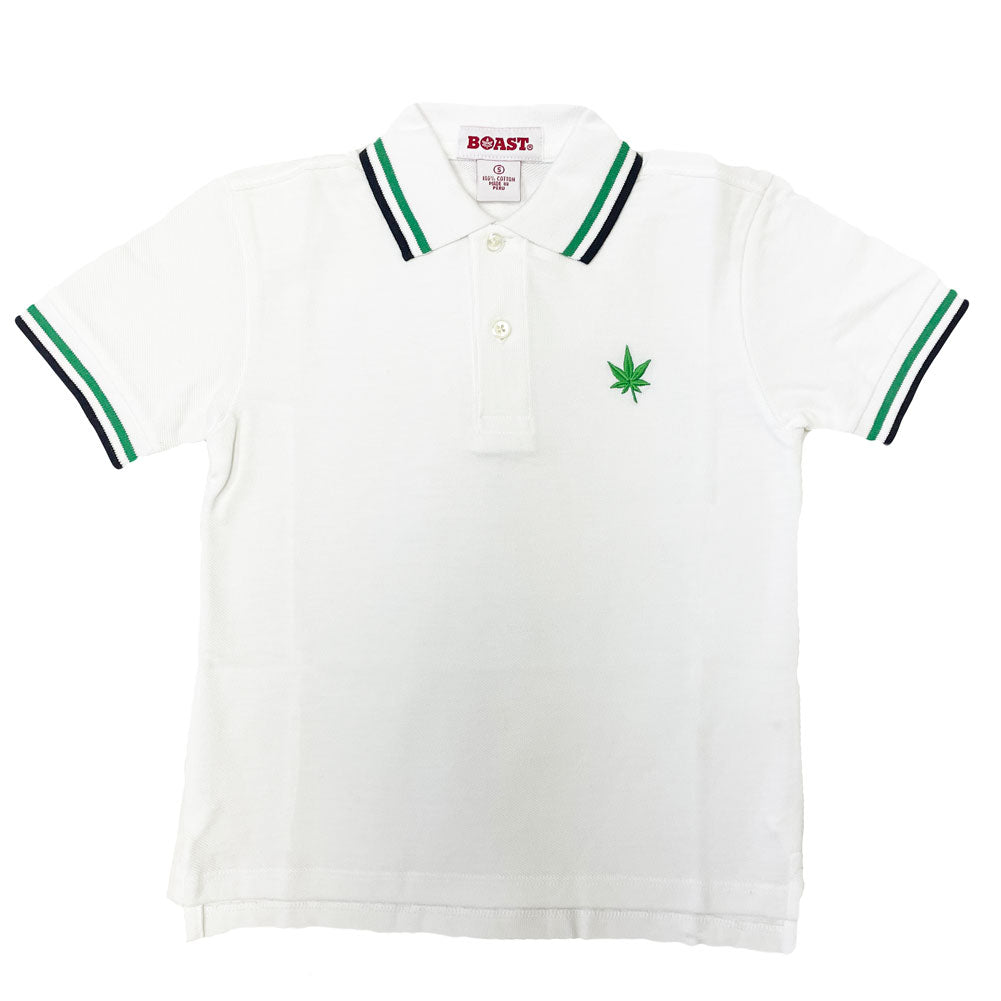 BOAST Boy's White/Green/Navy Tipped Pique Polo Shirt $44 NEW