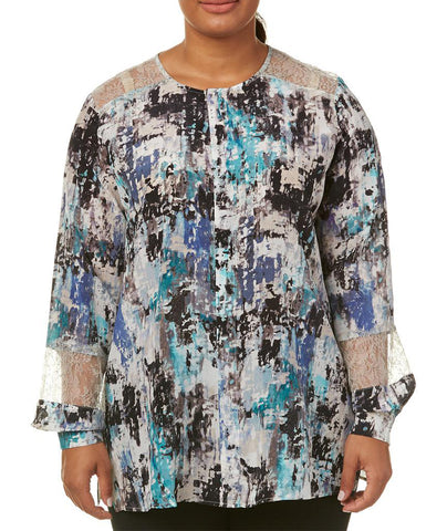 MARINA RINALDI Women's Blue Multi Batteria Lace Detail Blouse $850 NWT