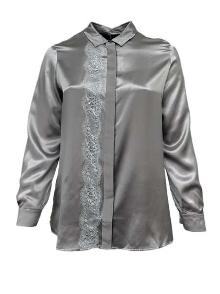 Marina Rinaldi Women's Grigio Perla Bengala Lace Front Silk Blouse NWT