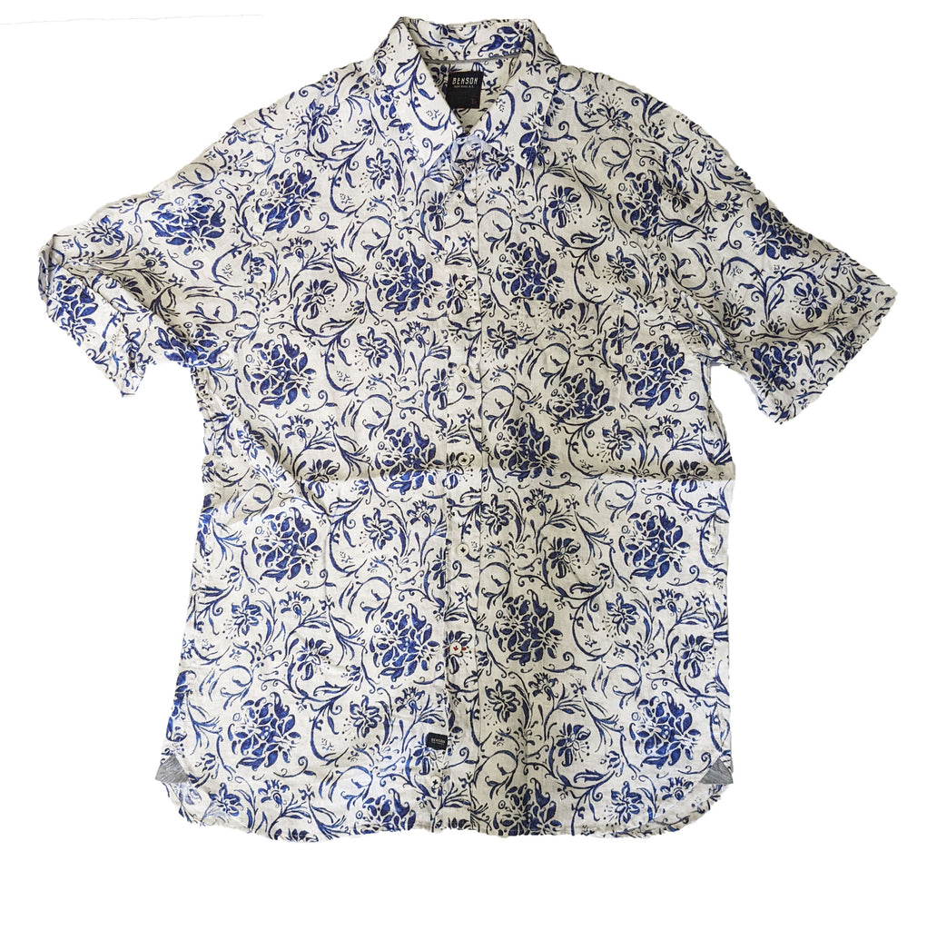 Benson Men's White and Blue Floral Linen Button Down Shirt Size Large NWOT