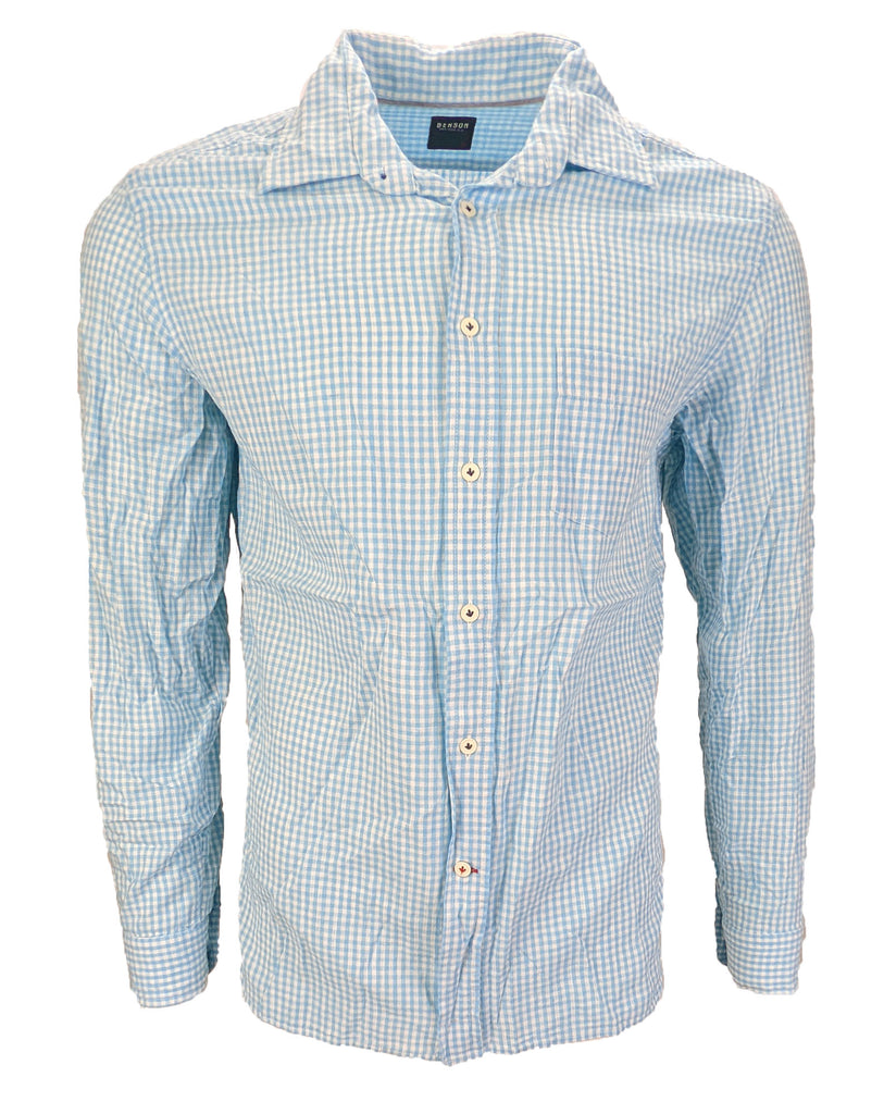 Benson Men's Aqua Gingham Linen Long Sleeve Button Down Shirt Size Large