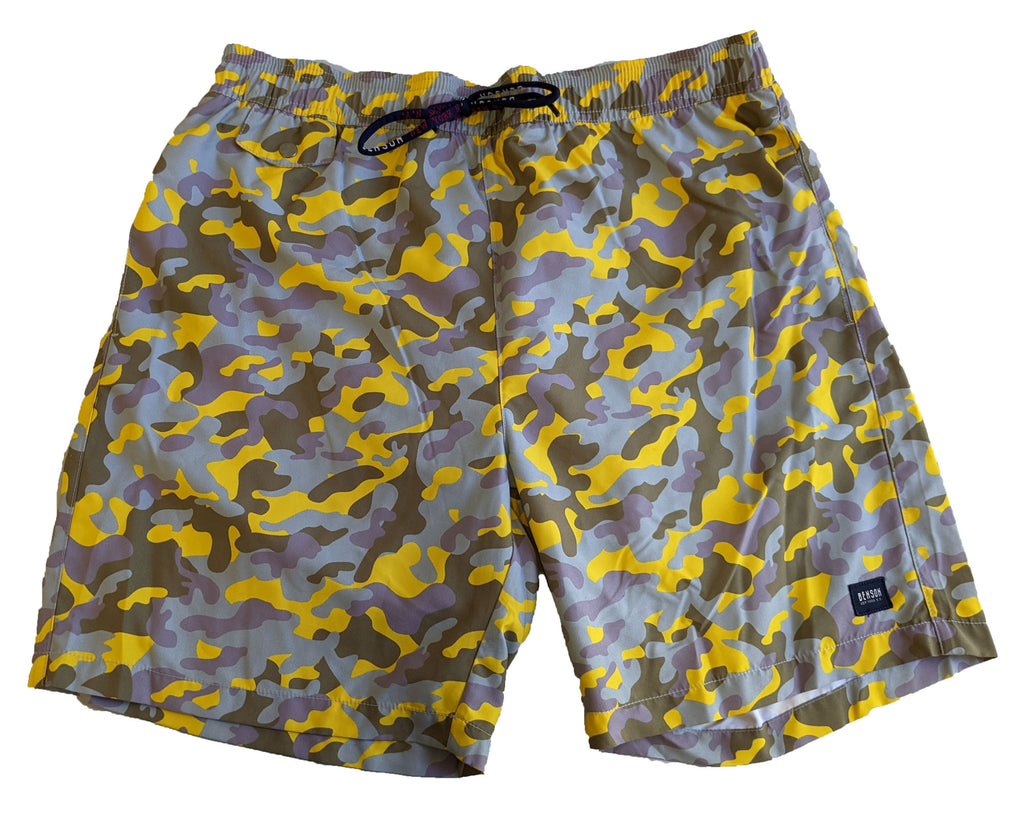 Benson Men's Yellow Camo 7 inch Swim Trunks Size Medium NWT