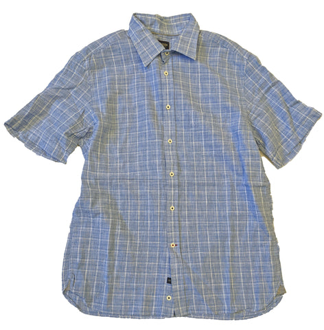 Benson Men's Blue Plaid Short Sleve Linen Button Down Shirt Size Large NWT