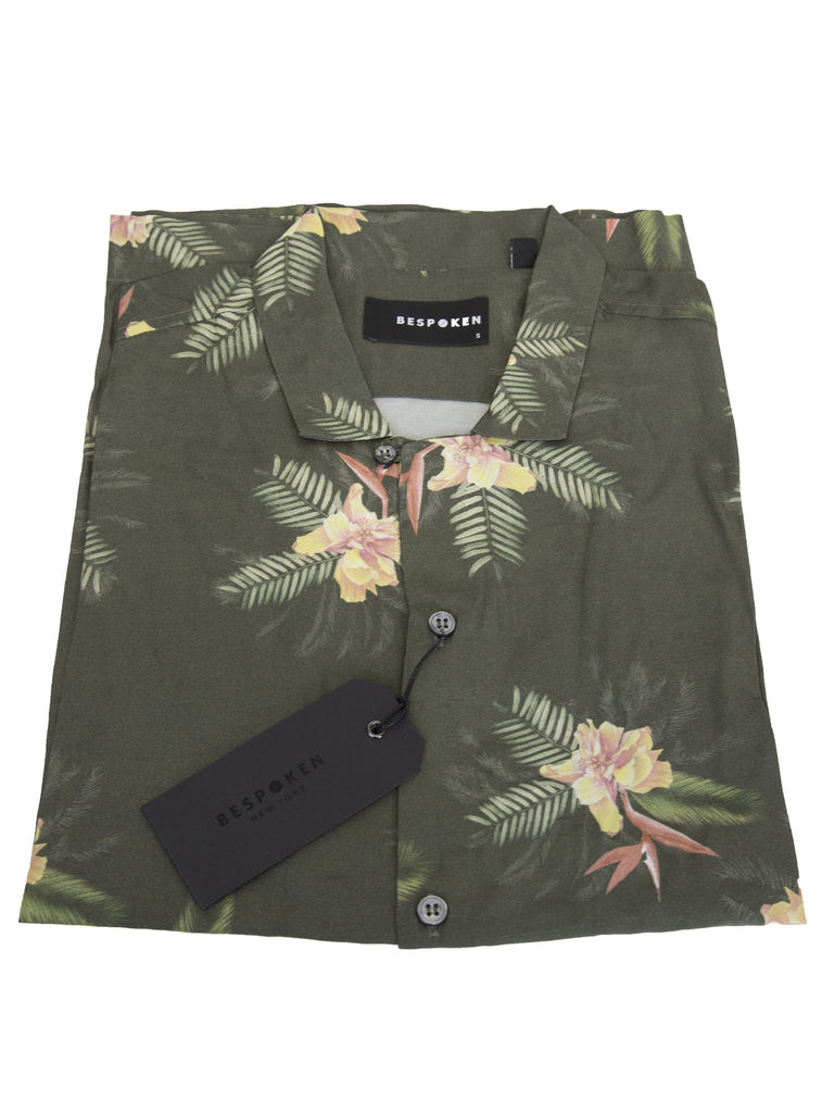 BESPOKEN NYC Men's Olive Floral Short Sleeve Shirt 009004 $245 NWT
