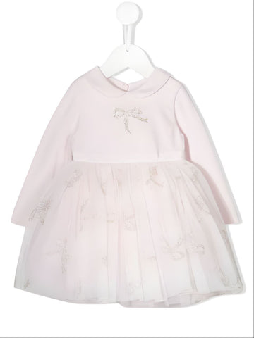 MONNALISA Girl's Pink Glitter Bow Long Sleeve Dress #734900AI 24 Month NWT