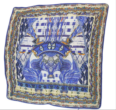 CAMILLA Blue Silk Handmade Handprinted Large Square Cushion 24"x24" One Size NWT
