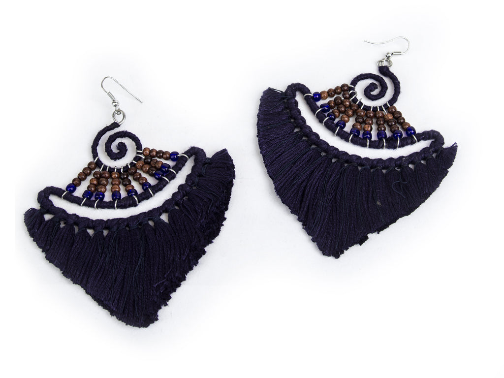 ROBERTA ROLLER RABBIT Women's Navy Blue Fringe Chand Dangle Earrings $55 NEW