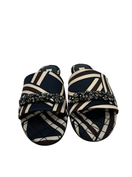 Max Mara Women's Righe Blu Corolla Embellished Slide Sandals NWB