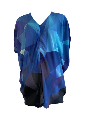 KINWOLFE Women's Blue Cube Print Maternity Nursary Silk Top Size S NWOT