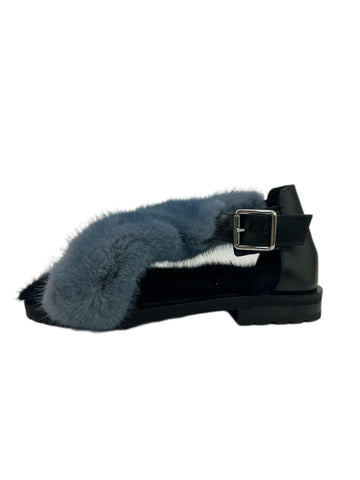 Max Mara Women's Blu Minerale Dyser Ankle Strap Fur Sandals Size 7 NWB