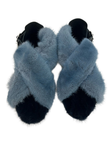 Max Mara Women's Blu Minerale Dyser Ankle Strap Fur Sandals Size 7 NWB