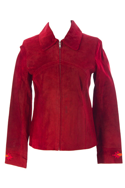 LUCIANO ABITBOUL Women's Cherry Red Floral Detailed Suede Jacket $545 NEW