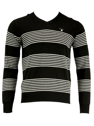 Gant Men's Cotton Wool Stripe V-Neck, Medium, Black