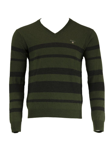 Gant Men's O1 Cotton Wool Stripe V-Neck Sweater, Medium, Forest Green Melange