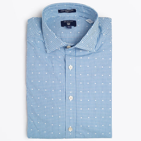 GANT Men's Sage Blue Dobby Stripe Dot Fitted Shirt 365667 Size Medium NWT