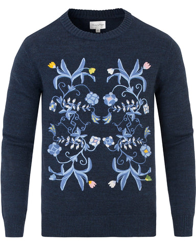 GANT Men's Blue Ocean Embroidered Knit Crew 84228 Size M $165 NWT