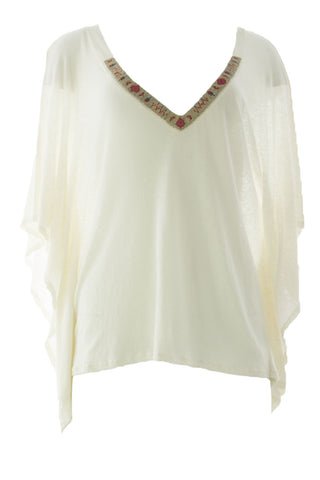 VELVET by Graham & Spencer Womens White Knit Beaded V-Neck Poncho Top S $149 NEW