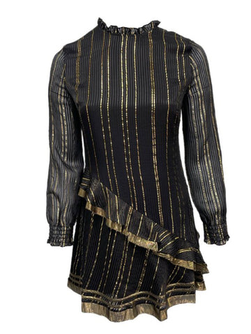 DEREK LAM 10 Crossby Women's Black Ruffle Golden Stripe Dress Size 12 NWT