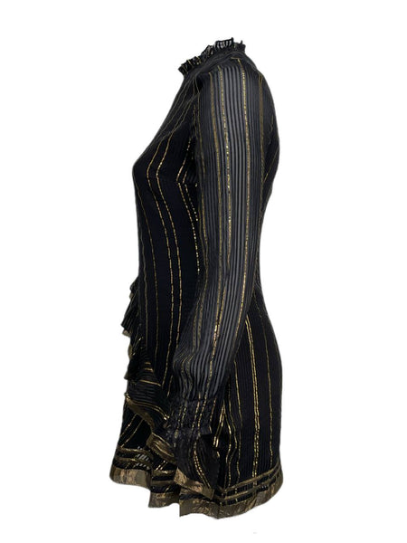 DEREK LAM 10 Crossby Women's Black Ruffle Golden Stripe Dress Size 12 NWT