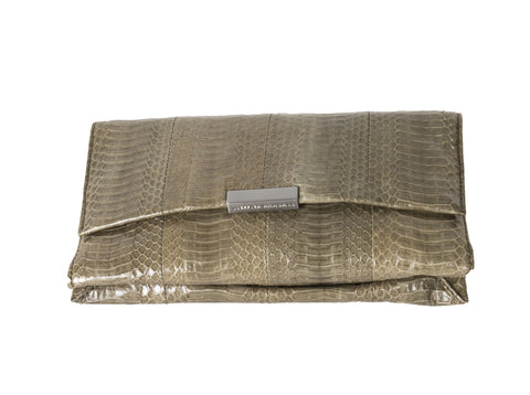 LOEFFLER RANDALL Leather Olive Snake Skin Tab Clutch with Strap $225 NWT