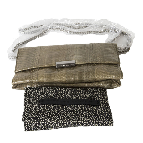 LOEFFLER RANDALL Leather Olive Snake Skin Tab Clutch with Strap $225 NWT