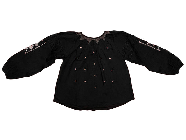 LOVESHACKFANCY Women's Black Lou Peasant Blouse $245 NEW