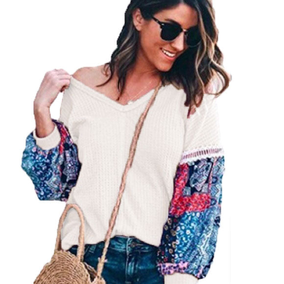 MIHOLL Women's Loose Fit Printed Sleeve Waffle Knit Blouse Size XXL $45 NWT