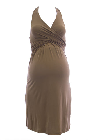 OLIAN Maternity Women's Criss Cross Sash Halter Dress X-Small Caramel